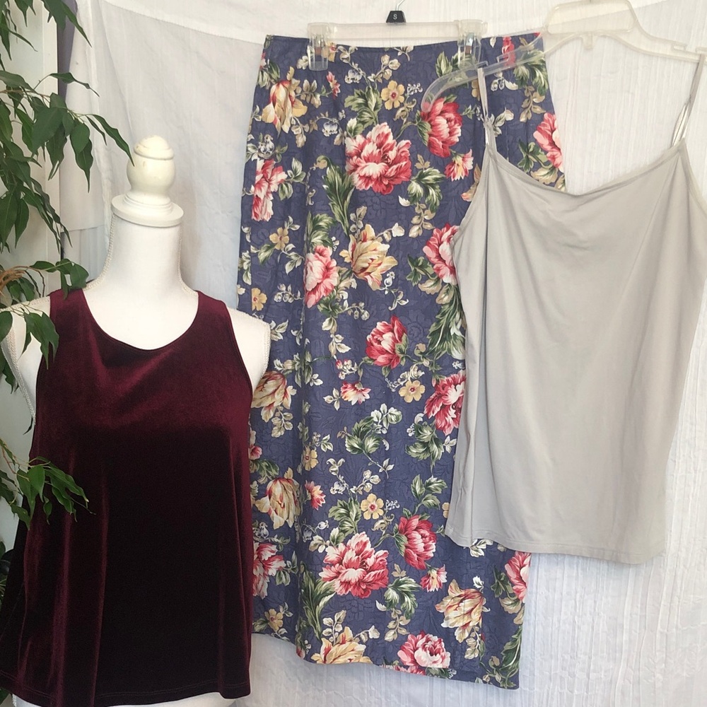 ANN TAYLOR & FINAL TOUCH Sz L cami tops & BUSHWACKER Sz 12 floral midi skirt